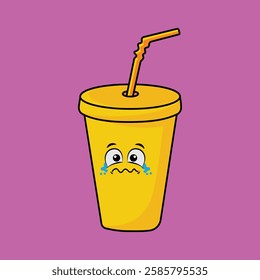 Vector illustration of glass cup and straw cartoon character with unique expression perfect for logos, symbols and advertisements