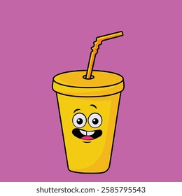 Vector illustration of glass cup and straw cartoon character with unique expression perfect for logos, symbols and advertisements