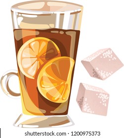 Vector illustration with glass cup of tea with lemon inside and two sugar cubes isolated on white.
