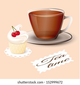 vector illustration glass cup of tea  with cake-eps10