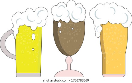 
Vector illustration Glass with different types of beer in a pint, arranged in a row. Close up of different types of draft beer for design