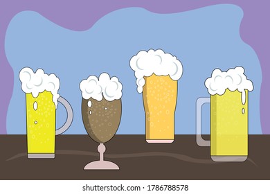 
Vector illustration Glass with different types of beer in a pint, arranged in a row. Close up of different types of draft beer for design