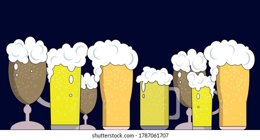 Vector illustration Glass with different types of beer in a pint, arranged in a row. Close up of different types of draft beer for design