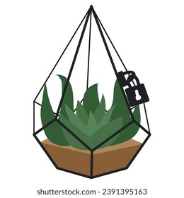 Vector illustration with a glass dodecahedron of a florarium highlighted on a white background. Scarlet in a geometric flower pot in a flat style. Plant in a cage with a closed lock, glass cage