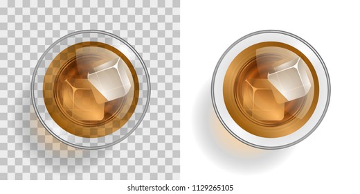 Vector illustration. A glass with a drink and ice on a transparent background. Top view.