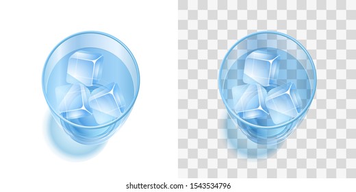 Vector illustration. A glass with a drink and ice on a transparent background. Top view.