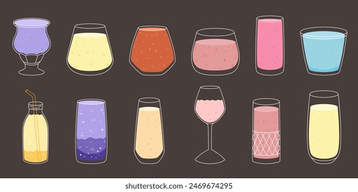 Vector illustration of glass drinkware in various shapes with white outline and flat color liquids. Ideal for summer lemonade or cocktail designs, perfect for packaging, menus, and decor