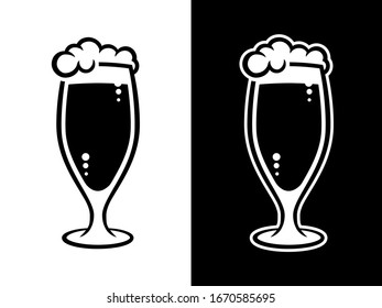 Vector illustration of glass filled with beer and foam on top; isolated on white and black backgrounds.