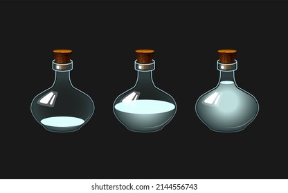 Vector illustration with glass flask with color liquid. Potion bottle for mobile game. Different levels water. Empty and full bottle.