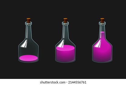 Vector illustration with glass flask with color liquid. Potion bottle for mobile game. Different levels water. Empty and full bottle.