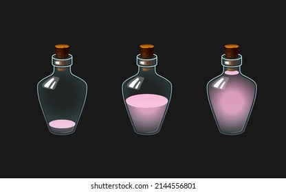 Vector illustration with glass flask with color liquid. Potion bottle for mobile game. Different levels water. Empty and full bottle.