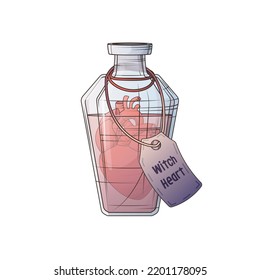 Vector illustration of glass flask with liquid and anatomic heart. Witchcraft potion in bottle with label. Vector colorful illustration isolated on white background. Halloween design. Halloween props.