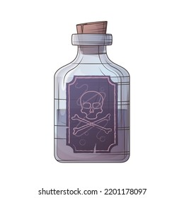 Vector illustration of glass flask with liquid and label. Witchcraft potion in bottle. Vector colorful illustration isolated on white background. For Halloween design.  Halloween props.