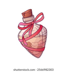 Vector illustration of glass flask with liquid and heart. Love potion in bottle. Vector colorful illustration isolated on white background. Love, Romance, Valentine's Day concept.