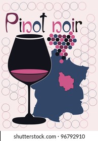 Vector Illustration With Glass For French Red Wine - Burgundy  On The Background With France Map, Grapes And Flowers Ornament