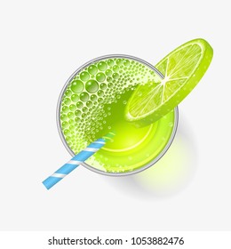 Vector illustration. A glass of fresh lime juice. Top view. Drink, cocktail, alcohol in the glass. View from above.