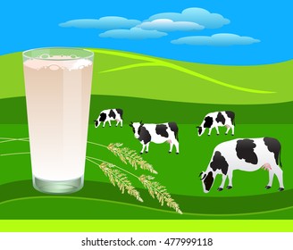 Vector Illustration. Glass of fresh milk on a background of grazing.