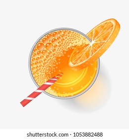 Vector illustration. A glass of fresh orange juice. Top view. Drink, cocktail, alcohol in the glass. View from above.