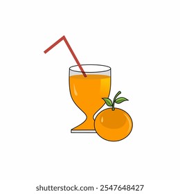 Ilustración vectorial de un vaso de zumo de naranja fresco combinado con fruta entera de naranja y paja, que simboliza la frescura y la vitalidad.