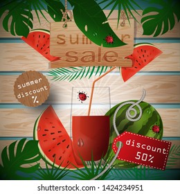 vector illustration of  glass with fruit and berry juice, standing on a background of tropical leaves on wooden boards, with summer tags and discounts, clipping mask EPS 10
