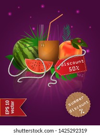 vector illustration of a glass with fruit and berry juice, standing on a mirrored surface among the leaves, with summer tags and discounts, EPS 10