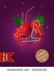 vector illustration of a glass with fruit and berry juice, standing on a mirrored surface among the leaves, with summer tags and discounts, EPS 10