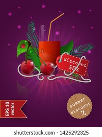 vector illustration of a glass with fruit and berry juice, standing on a mirrored surface among the leaves, with summer tags and discounts, EPS 10