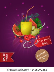 vector illustration of a glass with fruit and berry juice, standing on a mirrored surface among the leaves, with summer tags and discounts, EPS 10