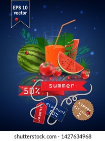 vector illustration of a glass with fruit and berry juice, standing on a mirrored surface among the leaves, with summer tags and discounts, EPS 10