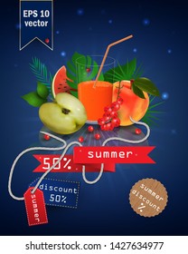 vector illustration of a glass with fruit and berry juice, standing on a mirrored surface among the leaves, with summer tags and discounts, EPS 10