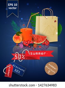 vector illustration of a glass with fruit and berry juice, standing on a mirrored surface among the leaves, with summer tags and discounts, EPS 10