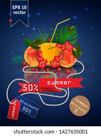 vector illustration of a glass with fruit and berry juice, standing on a mirrored surface among the leaves, with summer tags and discounts, EPS 10
