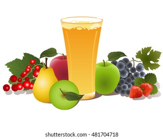 Vector Illustration.  Glass of fruit juice and fruit berries with leaves.
