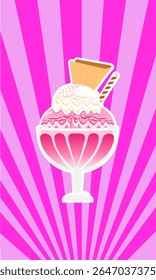 vector illustration a glass of full ice cream. design of a cute pink ice creams with topping sprinkles of wafer stick and cookies