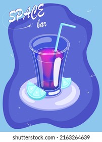  Vector illustration of a glass full of liquid galaxy and stars inside with blue neon oranges.