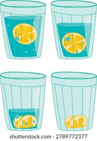 Vector illustration of glass glasses filled with water and lemon slices. Cartoon illustrations for children's books or educational materials. Liquid, water consumption, citrus