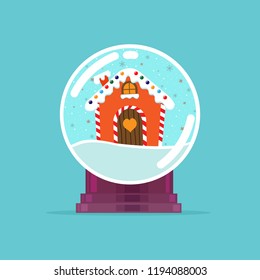 Vector illustration of a glass globe with a snow house.