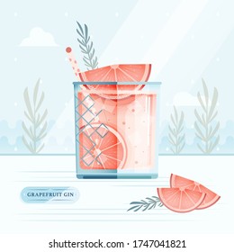 Vector Illustration of Glass of Grapefruit Gin Cocktail with Grapefruit Slices, Rosemary and Straw on blue background. Flat. Magazine poster concept. Bar Menu Design.