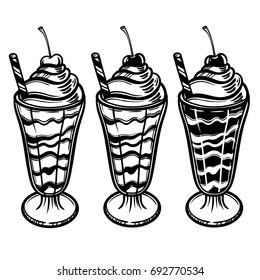 Vector illustration with a glass of ice cream and cherry. Cream with syrup. Perfect print for the menu in a cafe or restaurant.