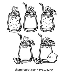 Vector illustration with a glass of ice cream and lemon. Sweet summer cocktail. Soda and lime. Perfect print for the menu in a cafe or restaurant.
