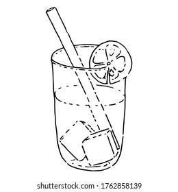 Vector illustration. Сontour of glass сup with ice lemonade, paper tube and orange slices isolated on white. Hand drawn simple doodle clipart. Seasonal summer drink sketch. For logo, menu, food banner