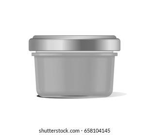 Vector illustration glass jar for baby food realistic bank on white background. Organic baby food puree. Mock up with template design label.