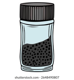 Vector illustration of a glass jar with black peppercorns, hand-drawn in a cartoon style with a ribbed lid and light blue accents, perfect for spice packaging design.