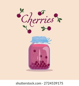 Ilustración vectorial de un frasco de vidrio con compota de cerezas y cerezas con inscripción