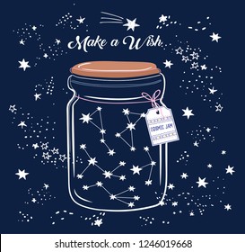 Vector illustration of glass jar with constellations inside it, label with geometric pattern, lettering cosmic jam, shooting stars, make a wish, hand drawn card, can be used as print for t shirt