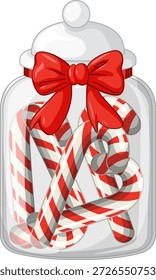 Vector illustration of a glass jar containing peppermint candy canes decorated with a red bow