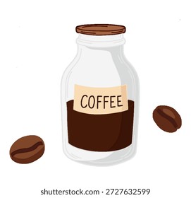 A vector illustration of a glass jar containing coffee, labeled "Coffee," accompanied by roasted coffee beans.