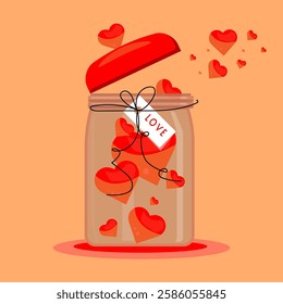 Vector illustration of a glass jar filled with red hearts, symbolizing love, romance, and Valentine's Day. Perfect for greeting cards, posters, stickers, and social media designs.