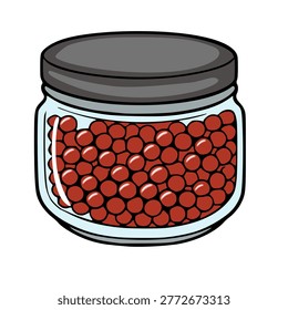 Vector illustration of a glass jar filled with vibrant red caviar, sealed with a dark gray lid.