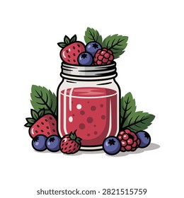 Vector illustration of a glass jar filled with mixed berry jam or smoothie, surrounded by fresh strawberries, blueberries, raspberries, and leaves.